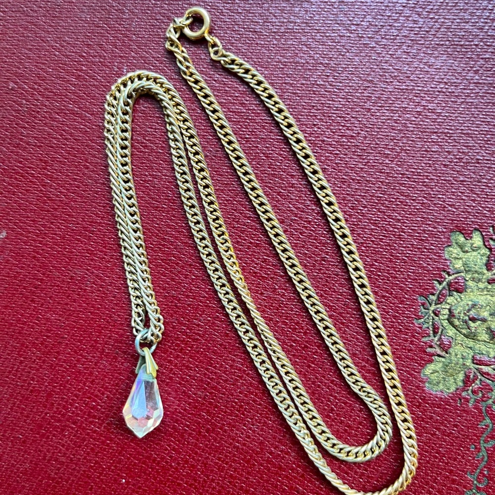 Vintage Gold Necklace with Clear Teardrop Crystal Pendant